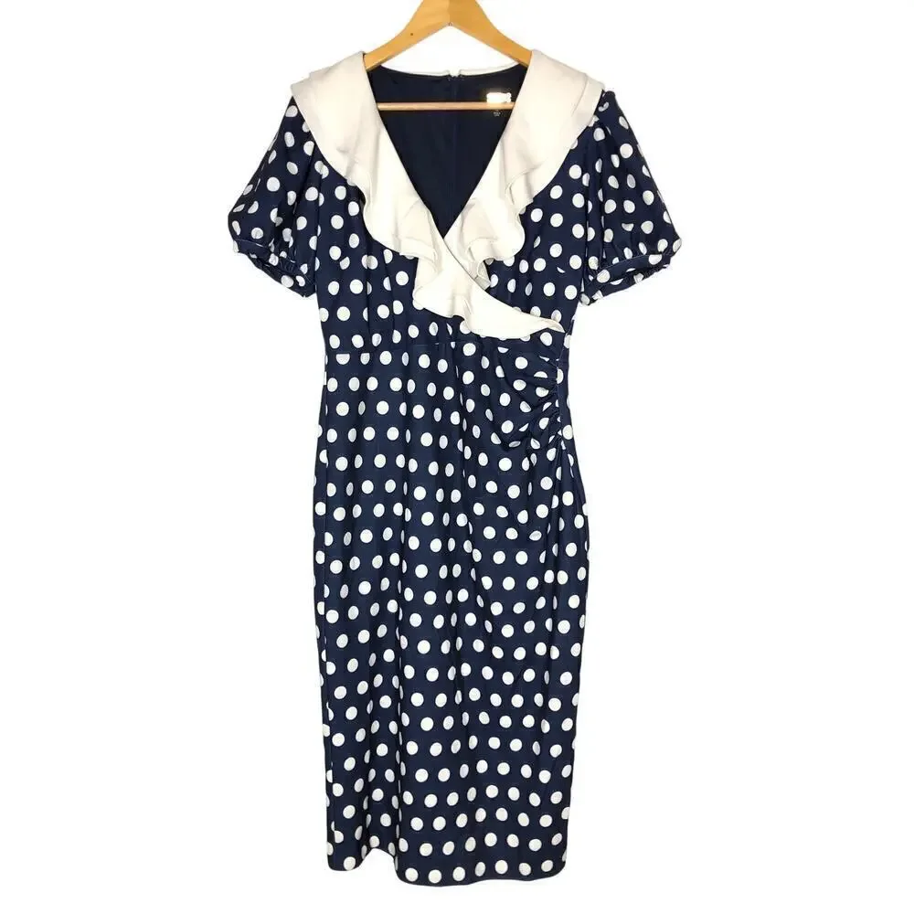 Alexia Admor Dress Ruffle Collar Puff Sleeve Midi Navy & White Polka Dot Medium